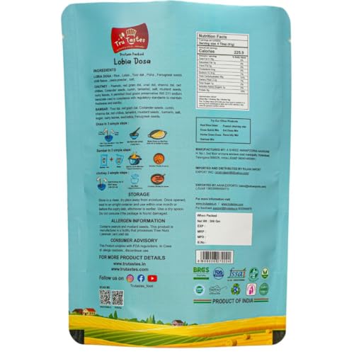 Image of Tru Tastes Lobia Dosa Quick Mix with Sambar,Chutney and Penut Chutney, Fermented and Processed Naturally, Complete Breakfast Kit, Can Make 13 Dosas