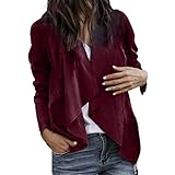 Dorical Anzug Mantel für Frauen, Damen Langarm Kunstleder Open Front Kurz Blazer Cardigan Jacke Arbeit Büro Wasserfall-Ausschnitt Asymmetrisch Jacket(Weinrot,X-Large)