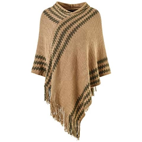 Ferand Women's Hooded Zigzag Striped Knit Cape Poncho Sweater with Fringes, One Size, Khaki Cover