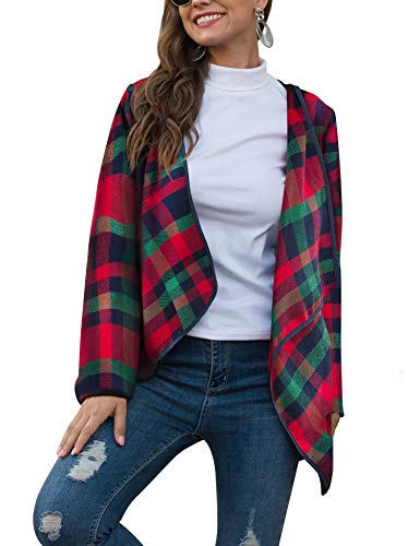 Womens Plaid Draped Open Front Cardigan Shawl Collar Long Sleeve Casual Jackets Outwear (Red+Green, XL)