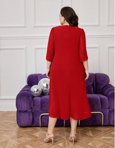 Image of Hanna Nikole Womens Plus Size Chiffon Cocktail Dress Ruffle 3 /4 Sleeve Wedding Guest Party Dresses with High Low Hem