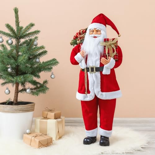 Garden Mile 80cm Standing Santa Claus Christmas Decoration - Realistic Father Christmas Figure in Red with Plush Fabric and Faux Fur Trim - Indoor Xmas Ornament for Home & Festive Displays