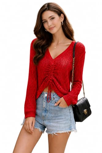 Image of CRAMPLE Women's V-Neck Knit Top, Long Sleeve, Drawstring Ruched Front, Lightweight Open Knit Top