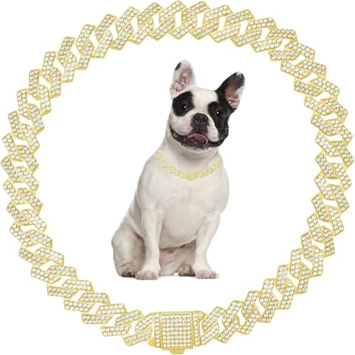 Dog Necklace,Bling Dog Chain Collars Diamond Cuban Link Dog Collar Rhinestone Cat Chain Sparkly Glitter Girls Female Kitten Puppy Necklace for Small Medium Large Pet (Gold, 20 inch)
