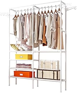Holdfiturn Garment Clothes Rack with 6-Tier Storage Shelf and 4 Hooks Heavy Duty Clothes Rail Hanging Rail Cloth Rack Dryer Freestanding Wardrobe for Dressing Room or Bedroom (White)