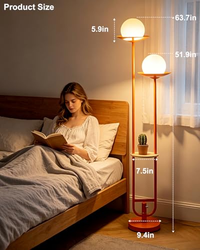 Image of Orange Dimmable Double Globe Floor Lamp with Shelf, 63 inch 2-Light Mid Century Modern Standing Lamp for Living Room Bedroom, 3000K Warm White Tall Pole Lamp with Foot Switch for Home Office