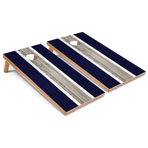 Skip's Garage Navy Striped All-Weather Cornhole Boards - PVC - Include Hole + Edge Lights