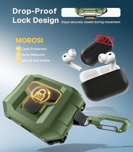 Image of MOBOSI for AirPods Pro 3 Case 2025 with Drop-Proof Lock, Cleaning Kit & Keychain, Compatible with MagSafe, Military-Grade Protection Hard Cover for iPods Pro 3rd Generation, Green