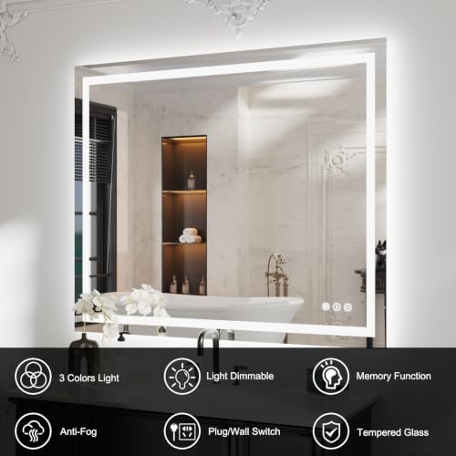 Image of WTTY 48 inchx40 inch LED Bathroom Mirror with Lights, Front Lighted Bathroom Vanity Mirrors for Wall, Anti-Fog, Dimmable Wall Mirrors for Bathroom, Memory, Shatter-Proof, Double LED Vanity Mirror