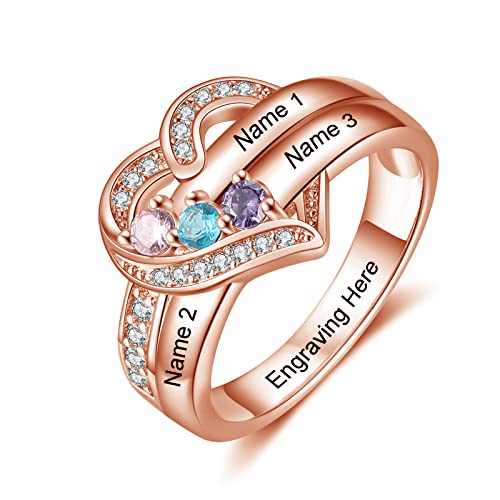 10K 14K 18K Gold Mom Ring Personalized 1-6 Birthstones Ring for Women Customized Gold Name Ring for Mother's Day Birthday Anniversary Christmas Size 4-15 with Gift Box