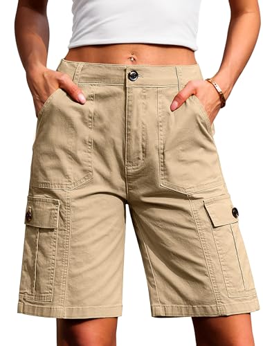 Eddoyee Bermuda Cargo Shorts for Women Casual Long Knee Length High Waisted Stretch Wide Leg Relaxed Fit(Khaki, Medium)