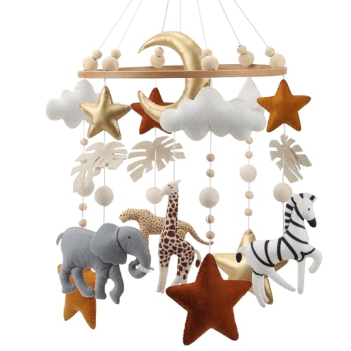 Safari Mobile for Crib - A Handmade Gender Neutral Safari Crib Mobile with Gold Stars and Clouds for a Jungle Theme Nursery