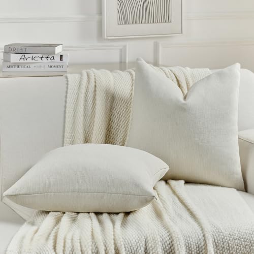 FUTEI Cream Chenille Decorative Throw Pillow Covers 22x22 Inch Set of 2,Soft Cozy Faux Linen Textured Cushion Case,Farmhouse Home Decor for Couch Living Room