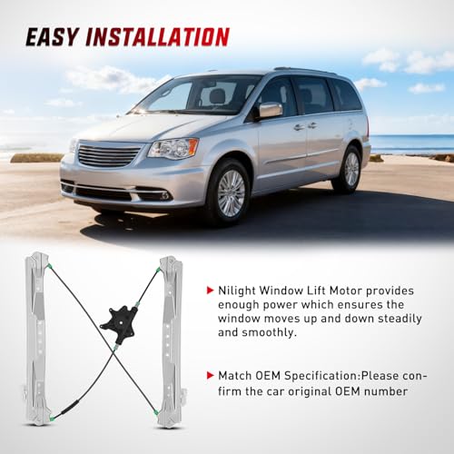 Image of Nilight 749-508 Power Window Regulator for Chrysler Town Country 2008-2016 | Door Glass Lifter fits the front driver-side left door; direct-fit OE replacement for failed window movement