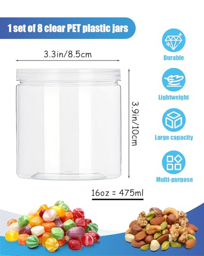 Clear Plastic Storage Jars Containers,8 Pack Refillable Wide-Mouth Plastic Slime Containers for Beauty Products,Kitchen & Household Storage - BPA Free (16 OZ)