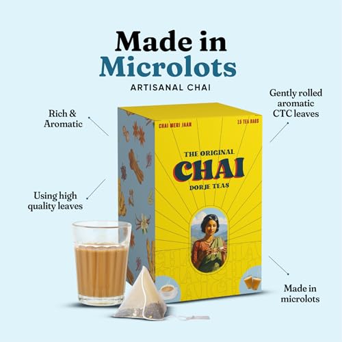 Image of Dorje Teas The Original Chai | 15 Pyramid Teabags (Pack of 1) | Organic Garden Fresh CTC Black Tea | Creamy & Aromatic Kadak Doodh Chai | No Artificial Flavours | 15 Cups