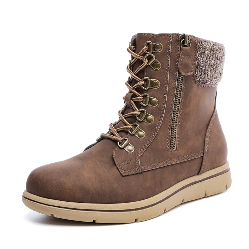 Luoika Women's Wide Width Ankle Boots, Flat Heel Side Zipper Lace Up Plus Size Short Booties. Brown 230717 11xw
