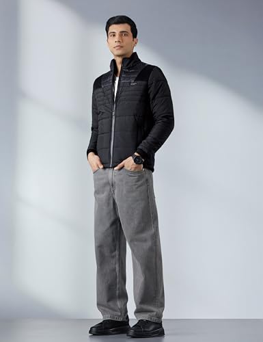 Image of Qube By Fort Collins Men's Nylon Standard Length Regular Fit Quilted Bomber Jacket with Detachable Hood - Winter Warm, Insulated Lining, Ribbed Cuffs, and Stylish Design