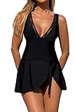 Beachsissi Women Sexy One Piece Swimsuit Solid V Neck Monokini Hollow Out Bathing Suit Flowy Swim Dress, Black, L