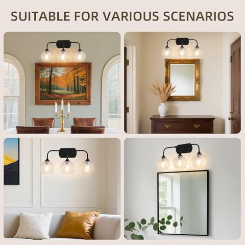 Image of MantoLite Bathroom Vanity Light 3-Light Crystal Wall Sconces Matte Black | Fog-Proof Modern Wall Lights 20'' Bathroom Light Fixtures Over Mirror Ribbed Glass,E26 Hardwired(Max 60W)