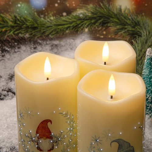 Image of Eywamage Gnomes Christmas Fiber Optic Flameless Candles with Remote, Snowflakes Flickering LED Battery Pillar Candles Set of 3