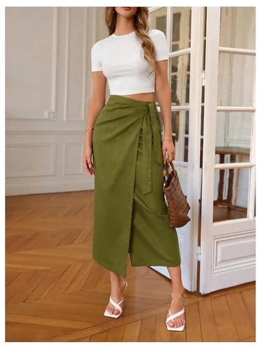 Milumia Women's Linen Knot Side Wrap Skirt Casual High Waisted Midi Skirts4