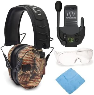 Walkers Razor - Juego de manguitos electrónicos delgados (bandera estadounidense) con Walkie Talkie Walker's TacticalHunting Walkie Talkie, gafas de