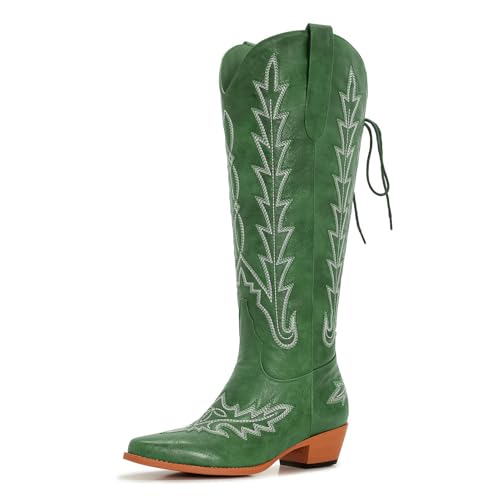 Image of Uillnoodu Wide Calf Cowboy Boots Women Knee High Tall Western Cowgirl Boots Adjustable Lace Up Plus Size Comfortable 2-Inch Heel