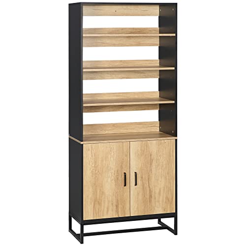 HOMCOM Buffet Armoire de Cuisine Multi-rangements avec Placard et étagères réglables en Bois et Acier 75 x 35 x 175 cm Noir et Bois Naturel