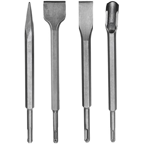 Retoo Juego de 4 cinceles SDS Plus de 250 mm para baldosas, con incrustaciones, canales, para hormigón, ladrillo, pegamento, asfalto, accesorios de impacto