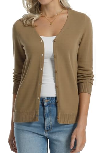 Image of QUALFORT Women's 100% Cotton Lightweight Cardigans Long Sleeve Knitted Button Down Sweater