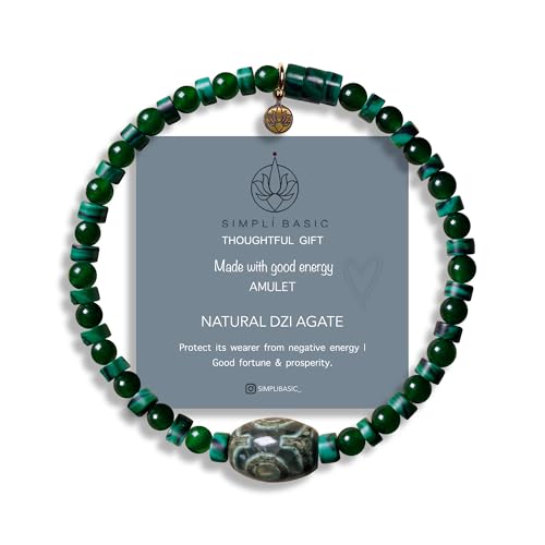SIMPLÍ BASIC Buddha Stones Tibetan Three Eye Dzi Bead Bracelet, Malachite and Jade Stone Protection and Lucky Bracelet