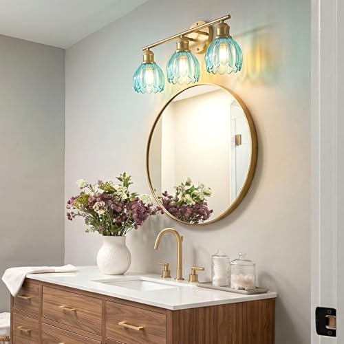 Image of Bathroom Light Fixtures, 3-Light Brushed Gold Vanity Lights for Bathroom with Blue Tulip Glass Shade, 20 inch Vintage Bathroom Vanity Lighting Fixtures Over Mirror for Bedroom Living Room Hallway