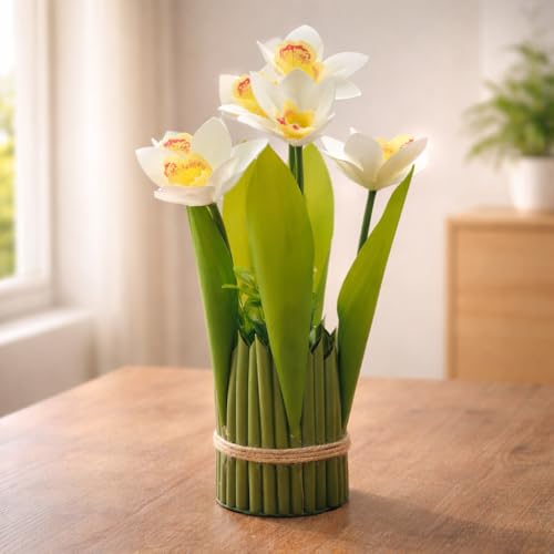 Image of CraftVatika White Orchid Artificial Flower Bouquet Decor, Realistic Orchid Flowers Bouquet Gift for Girls Faux Flowers for Table, Home Living Room Desk Decor, Wedding Anniversary Birthday Gift