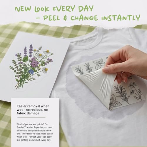 Image of TransOurDream Removable Transfer Paper for Inkjet Printer (8.5x11 inch, 20 Sheets) Printable Temporary Vinyl for Fabrics EcoArt Paper Used in DIY Crafts,School Projects, Business Events | Soft and Stretchable. Specially Designed For Fabrics. Great For One-Off and Last Minute Events.