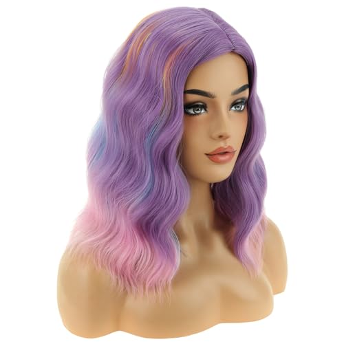 Image of BERON Women Colorful and Purple Short Wave Wig for Girls Light Purple Shoulder Length Heat Resistant Synthetic Wig for Cosplay Costume Party or Daily