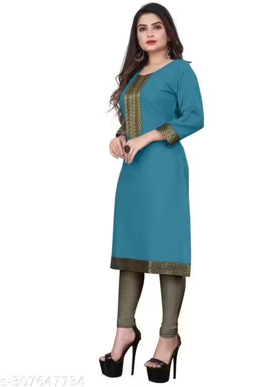 Image of Women Straight Woven Design Cotton Blend Round Neck 3 /4 Sleeve Kurti Only