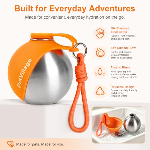 Image of 2-in-1 Dog Water Bottle with Foldable Bowl, Portable Leak-Proof Pet Travel Water Dispenser, Stainless Steel Dog Hydration Bottle for Walking, Hiking, Small Dogs & Puppies, Orange 10oz