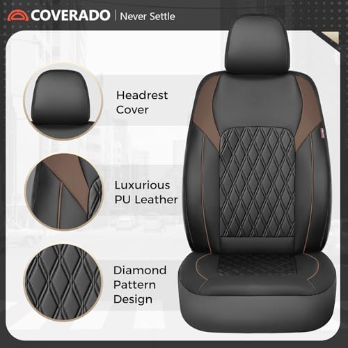 Image of Coverado Leather Seat Covers, Front and Back Seat Covers for Cars, Waterproof Automotive Seat Covers Car Seat Protector Car Seat Cushion Universal Interior Truck Accessories Fit Most Cars Black&Coffee