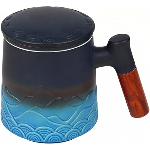 TEEVEA Tea Cup with Infuser and Lid, Ceramic Steeping Mug with Rosewood Handle, 15.2 Ounces Loose Leaf Tea Cup,Black & Blue Cover