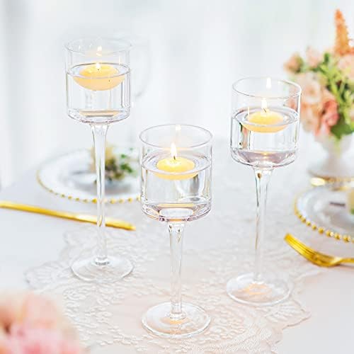 Romadedi Tealight Candle Holder Glass - Candlestick Holder for Floating / Tea Light Candles Tall Elegant Design Wedding Party Dinning Table Centerpiece, Home Mantel Decor, 20/23/26cm, Set of 3