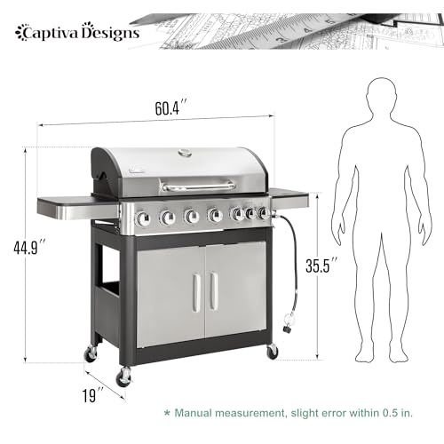 Image of Captiva Designs 6-Burner Propane Gas BBQ Grill with Side Burner & Porcelain-Enameled Cast Iron Grate for Outdoor Kitchen & Backyard Barbecue, 65,800 BTU Output,665 SQ.IN. Cooking Area,Stainless Steel
