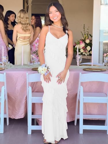 Image of HOCILLE Women's Sexy V Neck Backless Bodycon Spaghetti Strap Elegant Ruffle Maxi Cocktail Party Dresses