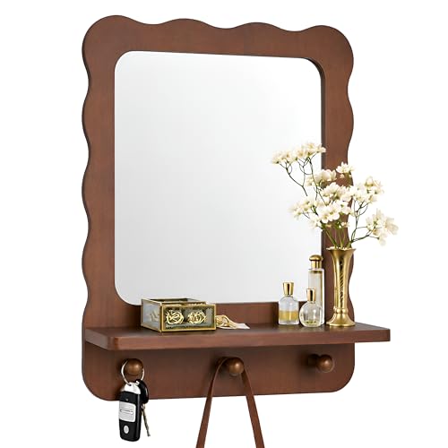 LYRIMEAI Wood Wall Mount Mirror with Shelf and 3 Hooks 16 x 12 Inch Modern Scallop Decorative Entryway Mirror for Living Room Bathroom Bedroom Vanity Brown