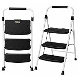 UZIRO Escalera Plegable 3 Peldaños, Estructura de Acero y Aluminio, Color Blanco, Peldaños Antideslizantes, Asa de Goma, para Hogar, Cocina, Oficina y Bricolaje