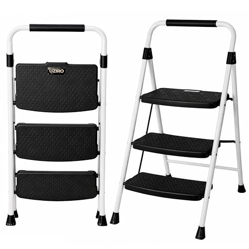 UZIRO Escalera Plegable 3 Peldaños de Acero y Aluminio Blanca