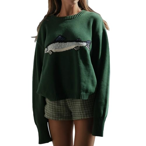 Muspeczenith Women Y2K Fish Graphic Sweater Pullover Long Sleeve Crew Neck Oversized Knit Top Fall Winter Going Out Knitwear (Dark Green, M)