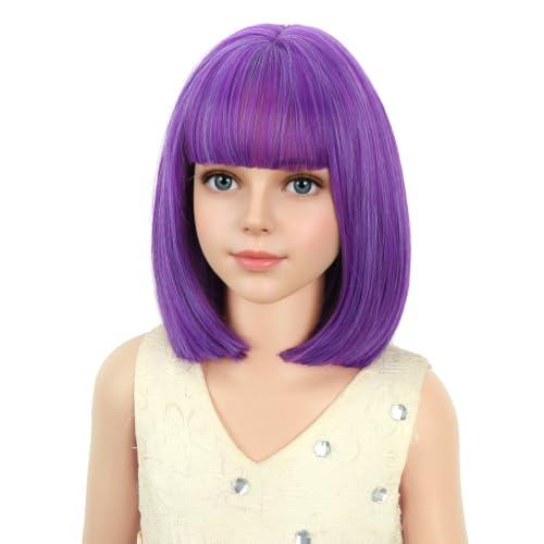 Image of PATTNIUM Dark Purple Bob Wig for Kids Child Short Dark Purple Wigs with Bangs Cosplay Party Synthetic Rose Net Daily Wear Wigs
