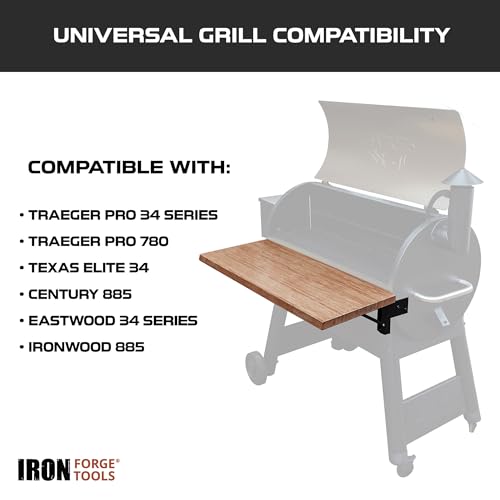 Image of Iron Forge Tools 26x12 Wood Folding Grill Shelf Accessory - Charcoal Grill Accessories for Pellet Smoker Barbeque - Compatible with Traeger Pro 22, Pro 575, Ironwood 650 Series Texas Elite, Eastwood