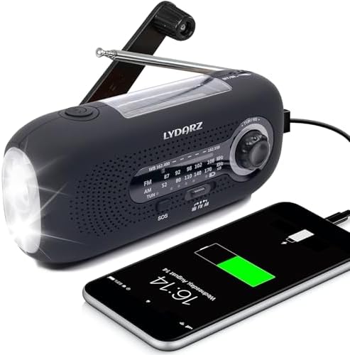 Emergency Crank Weather Radio, Solar Hand Crank Portable AM/FM/NOAA, 3 Mode Flashlight, SOS for Home and Outdoor (Black)